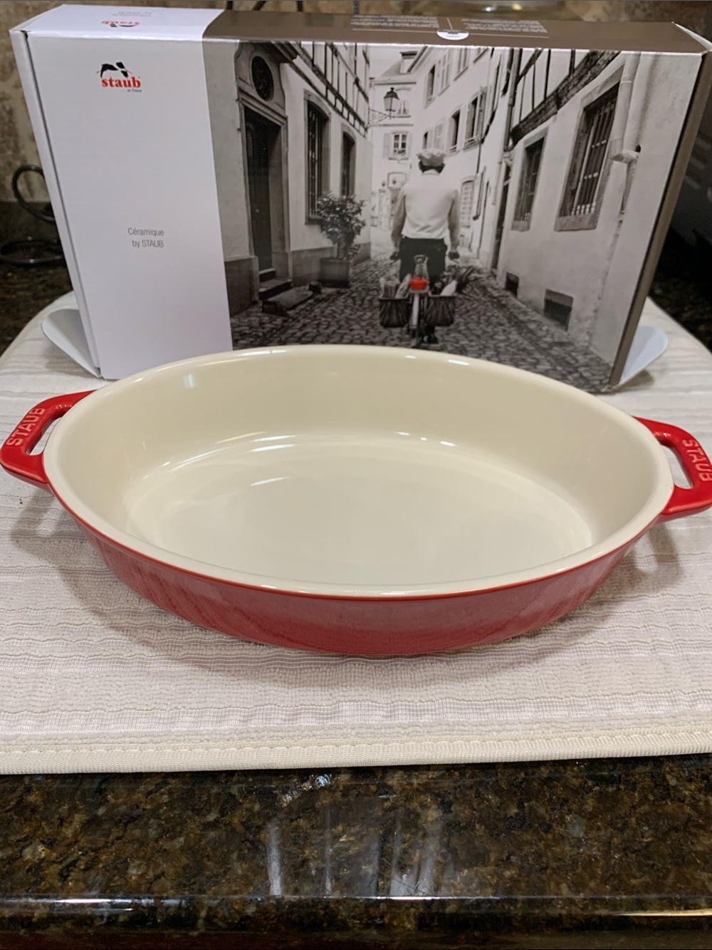 Staub Red Oval Ceramic Casserole with Cream Interior